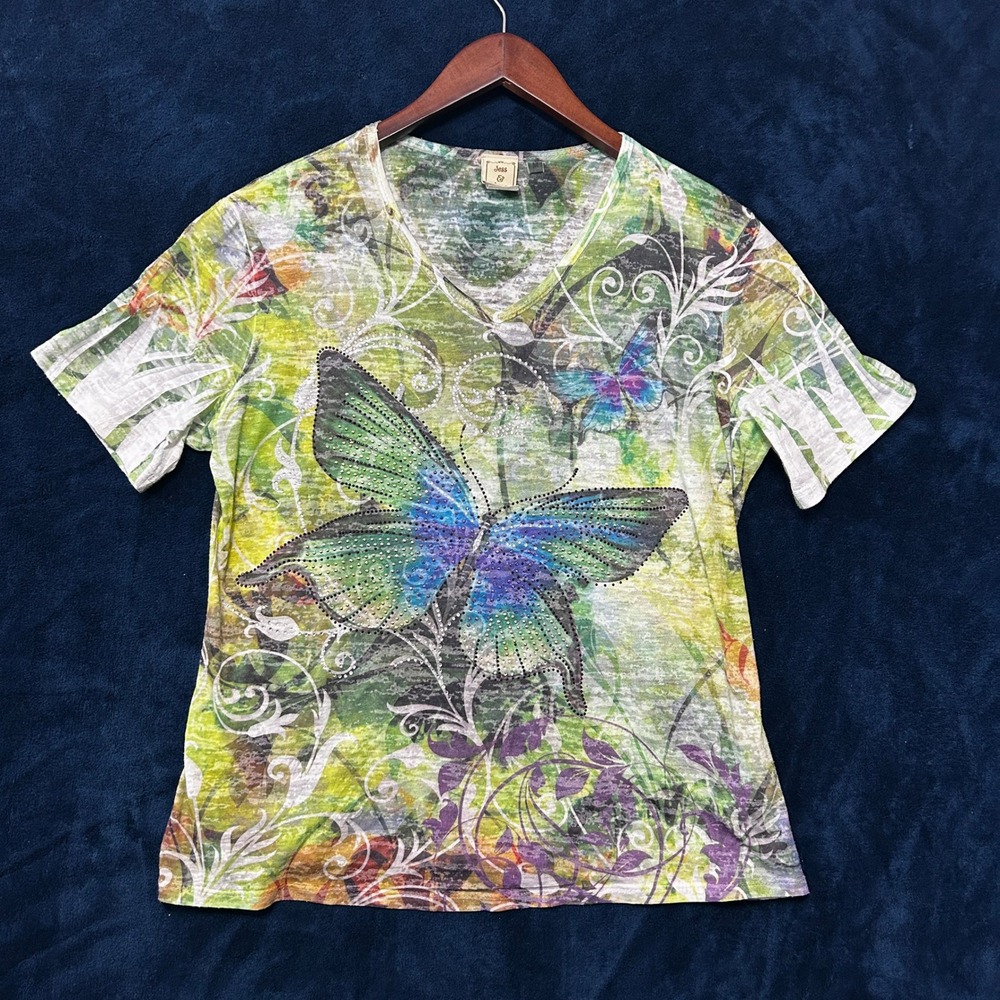 Jess & Jane Butterfly Forest Burnout V-Neck Rhinestone Graphic Tee Green Medium